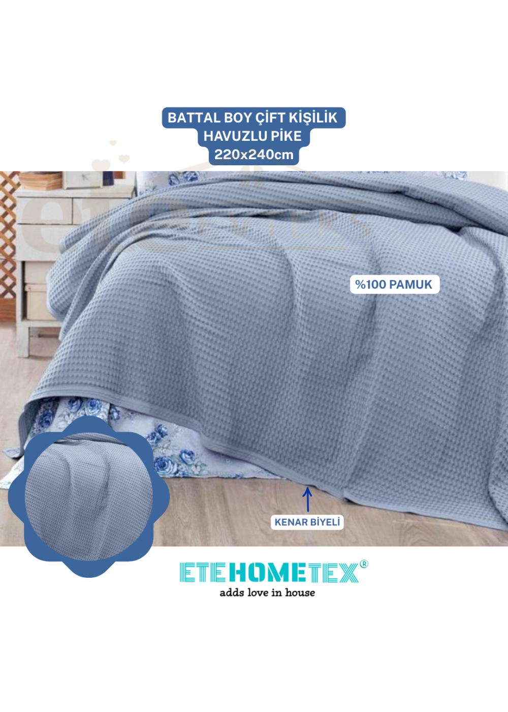 ETEHOMETEX HAVUZLU PİKE ÇİFT KİŞİLİK 220x240cm GRİ 8696474231653